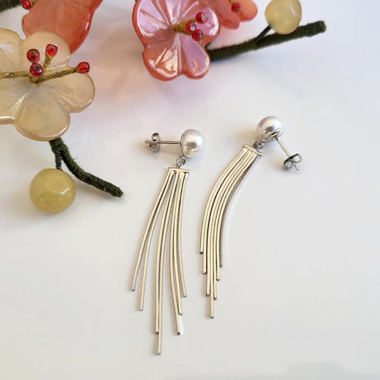 Schöner-SD Ohrringe lang mit Süßwasser-Zuchtperlen und hängenden Ketten 925 Silber