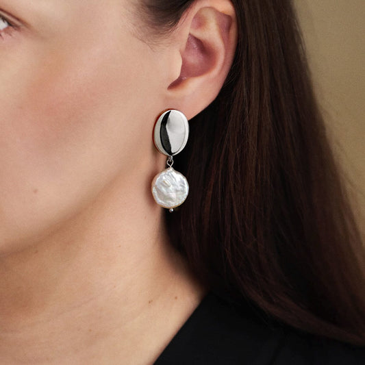 Ohrringe Statement Perlenohrringe Edelstahl mit großer Coin Pearl hängend Schöner-SD