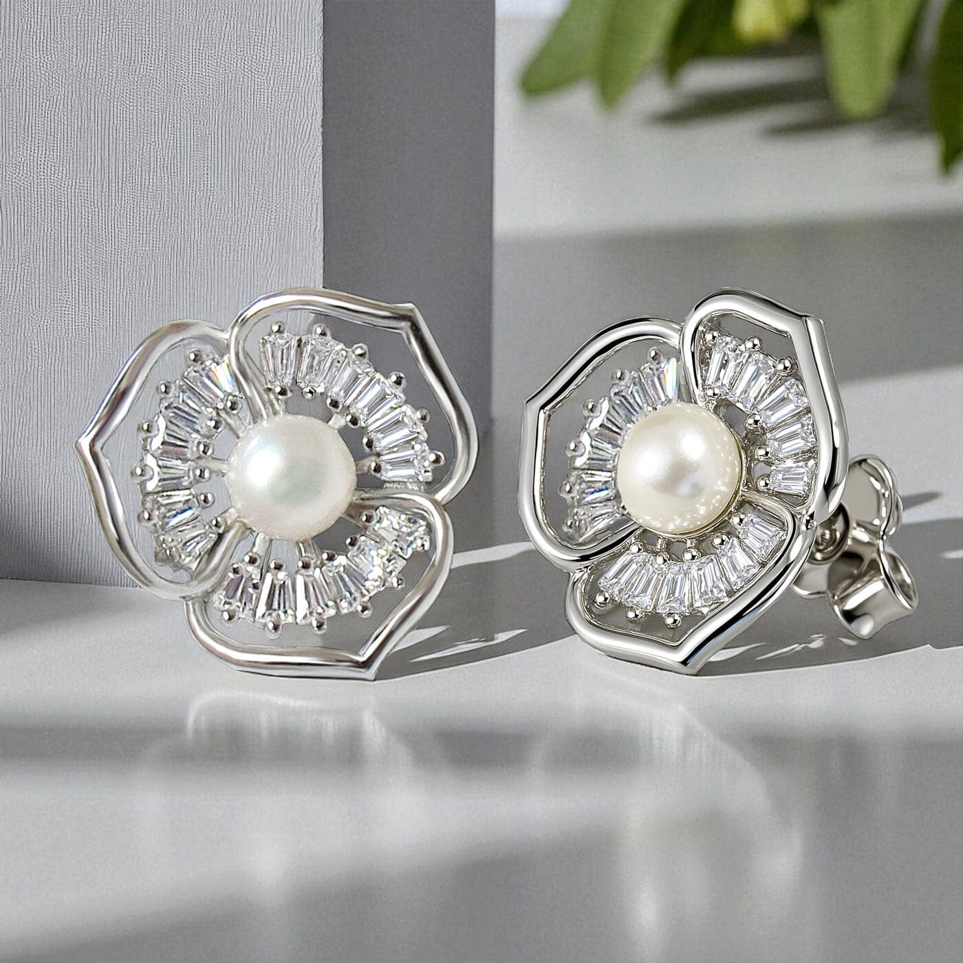 Ohrringe Perlenohrringe Blume 925 Silber Ohrstecker Zirkonia Blüte Schöner-SD