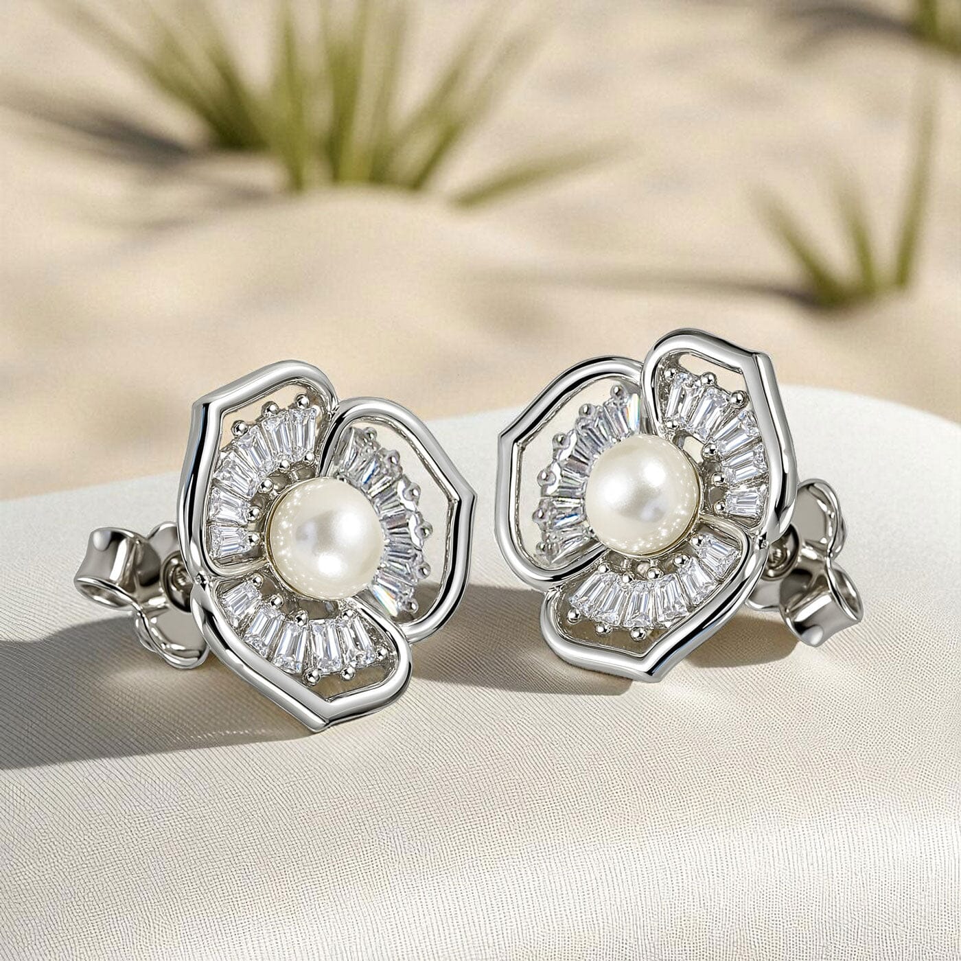 Ohrringe Perlenohrringe Blume 925 Silber Ohrstecker Zirkonia Blüte Schöner-SD