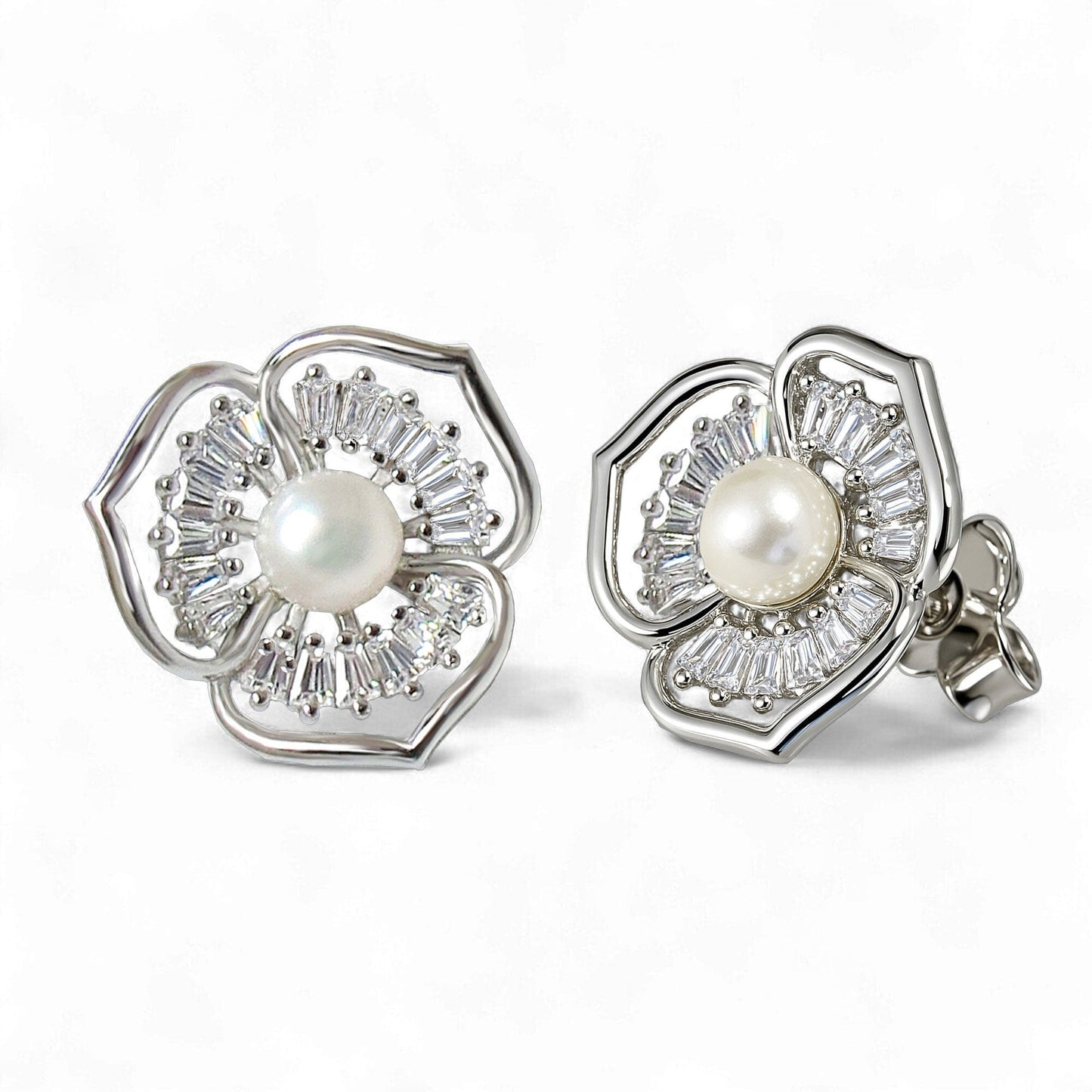 Ohrringe Perlenohrringe Blume 925 Silber Ohrstecker Zirkonia Blüte Schöner-SD