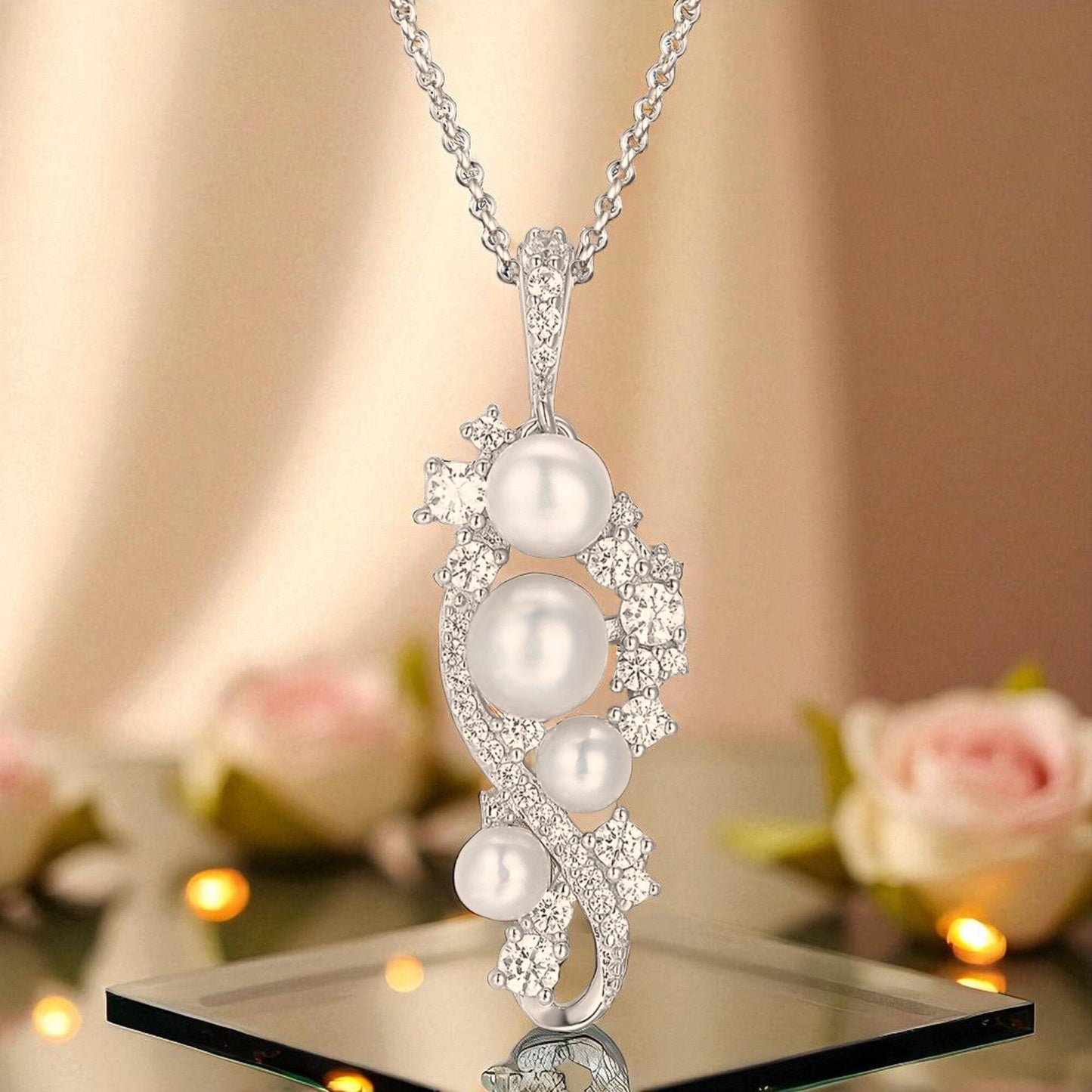 Kette mit Anhänger Damenkette mit Perlen-Anhänger Zirkonia 925 Silber Schöner-SD