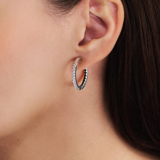 Ohrringe Schwarz-weiße Creolen Damen 925 Silber 24 mm mit Zirkonia Schöner-SD