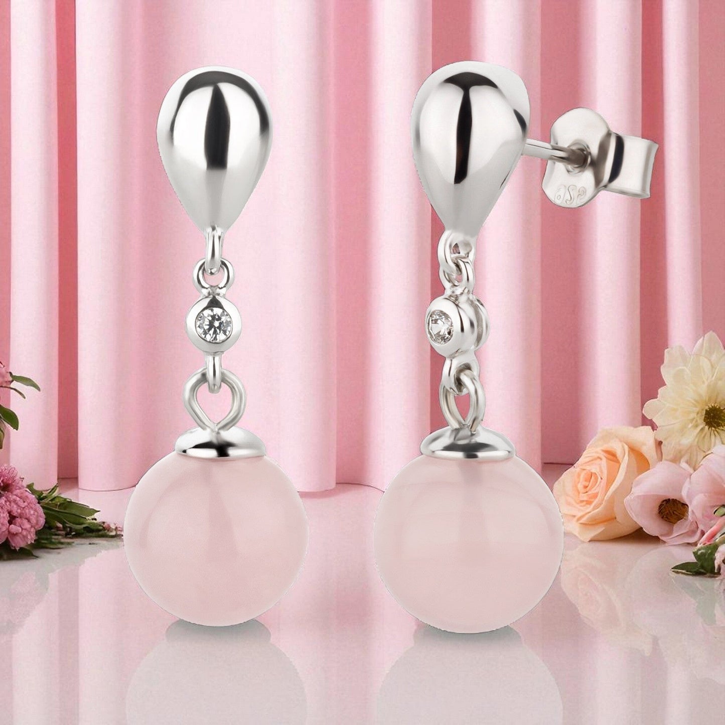 Ohrringe Rosenquarz Ohrringe Hänger 10 mm Kugel 925 Silber Schöner-SD