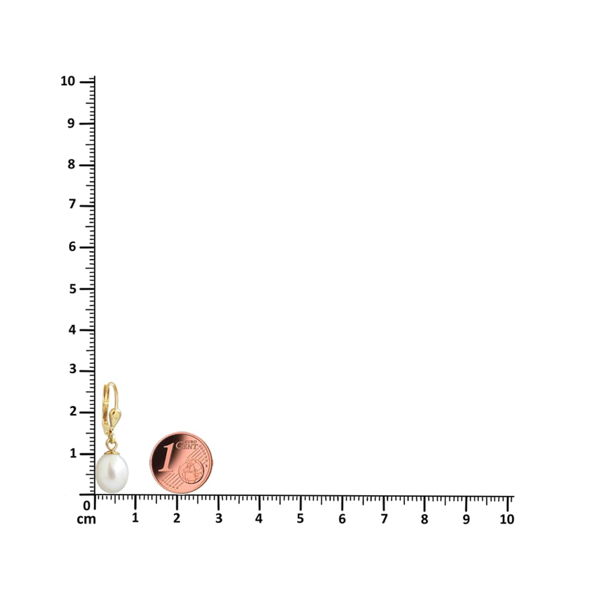 Vergoldete Ohrringe mit hängenden Süßwasserperlen in Tropfenform mit Lineal und 1-Cent-Münze zum Größenvergleich