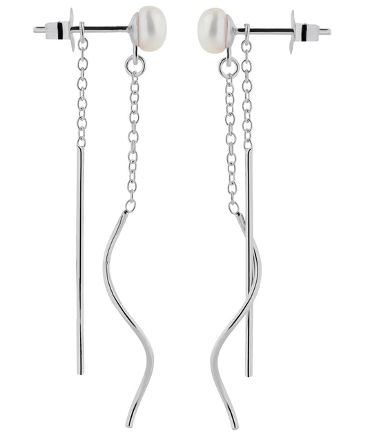 Perlenohrstecker mit langen hängenden Ketten und Stäben aus 925 Silber Seitenansicht