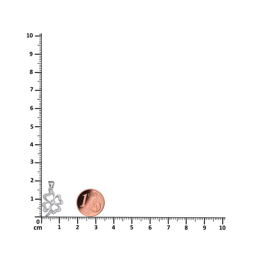 Schöner-SD Größenvergleich des dezenten Kleeblatt-Anhängers neben einem Lineal und Cent Stück zur genauen Abschätzung der Maße.