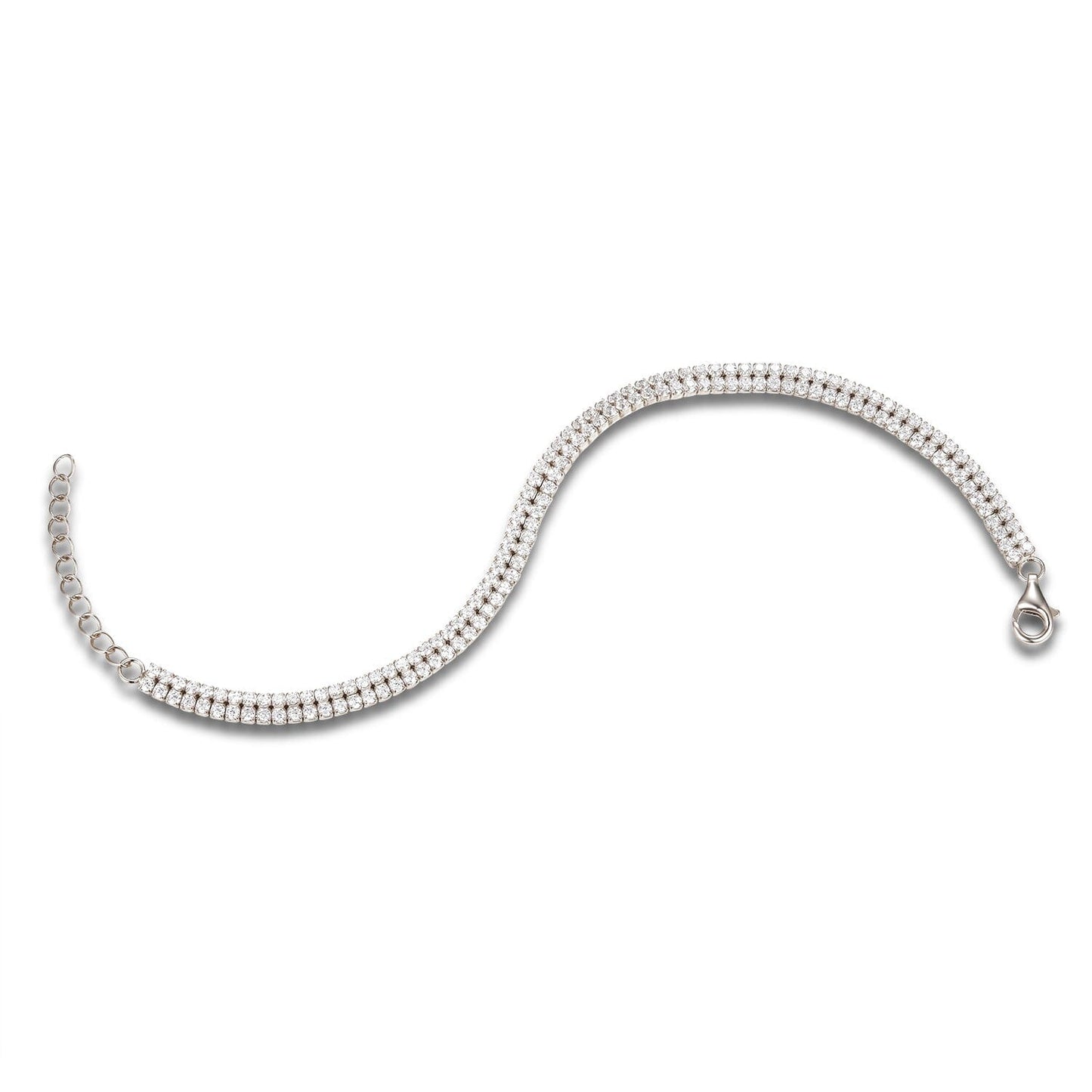 Tennisarmband aus 925 Silber mit 2 Reihen Zirkonia in liegender Ansicht lang