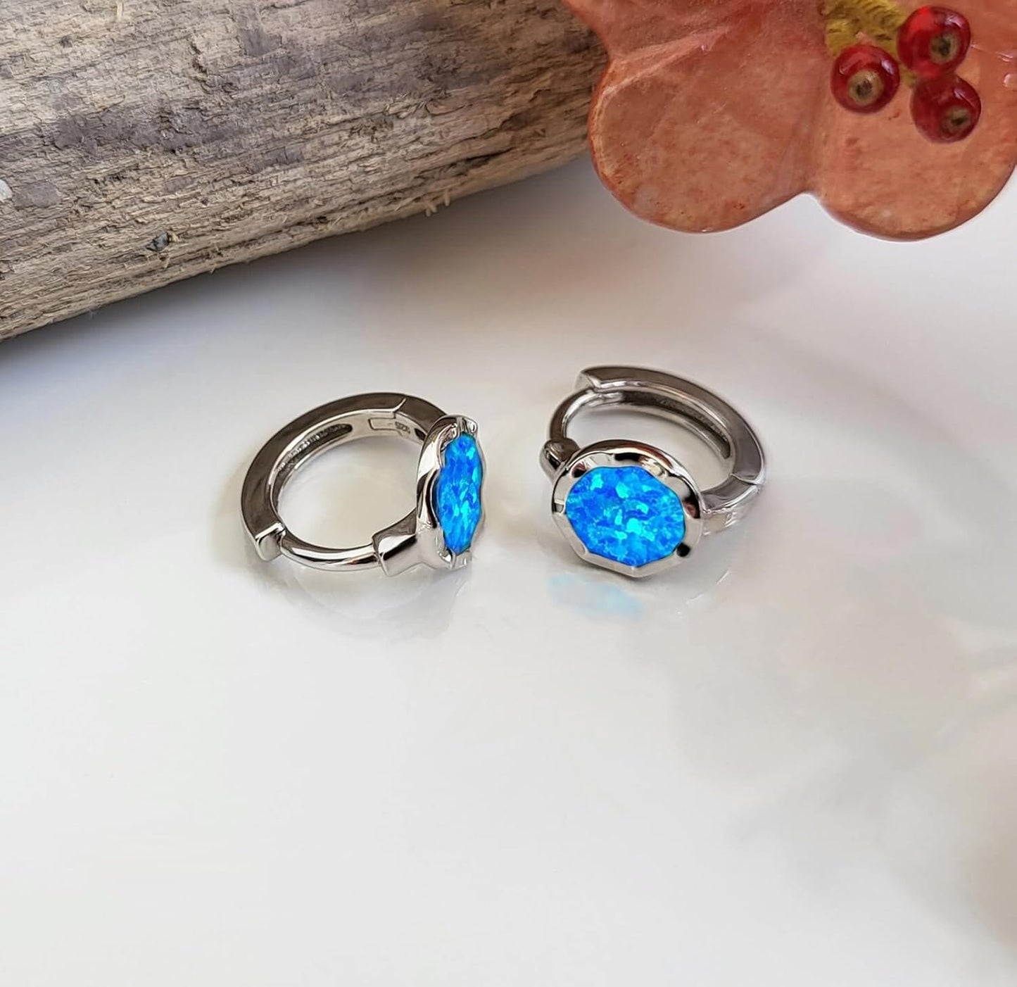 Schöner-SD Creole Earrings 925 Silver with Synthetic Opal Opal Blue, Silver