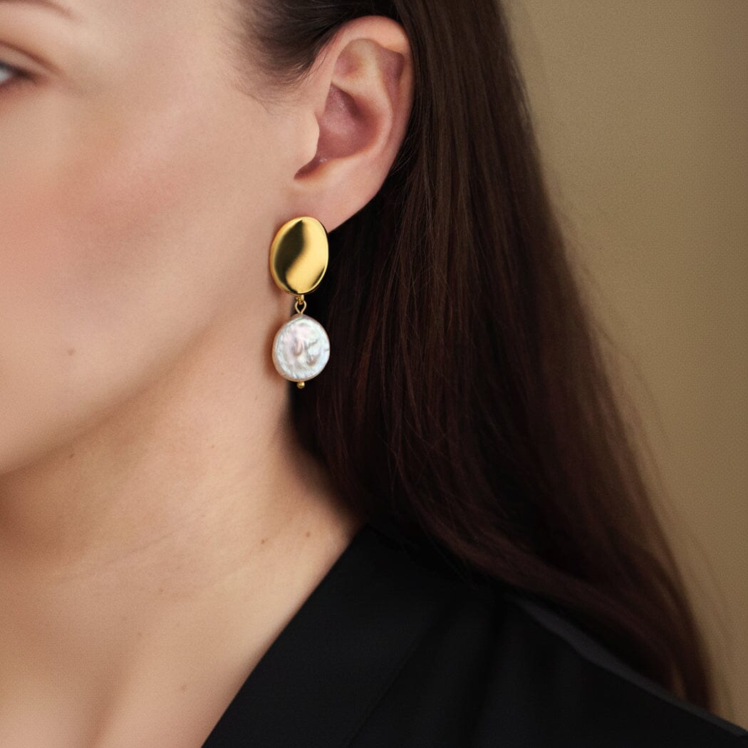 Ohrringe Edelstahl Ohrringe Gold mit Süßwasser-Münzperle hängend Schöner-SD 