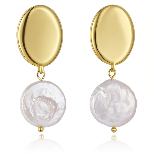 Ohrringe Edelstahl Ohrringe Gold mit Süßwasser-Münzperle hängend Schöner-SD 