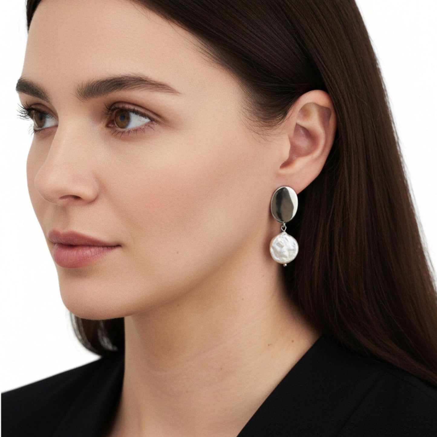 Ohrringe Statement Perlenohrringe Edelstahl mit großer Coin Pearl hängend Schöner-SD 