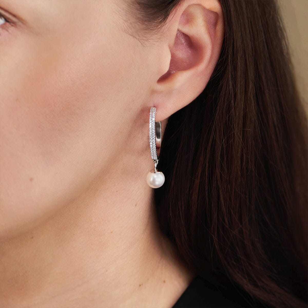 Ohrringe Perlen Creolen 925 Silber rhodiniert mit Zirkonia und weißer Perle Schöner-SD 