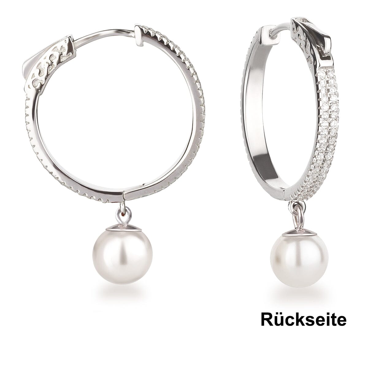 Ohrringe Perlen Creolen 925 Silber rhodiniert mit Zirkonia und weißer Perle Schöner-SD 