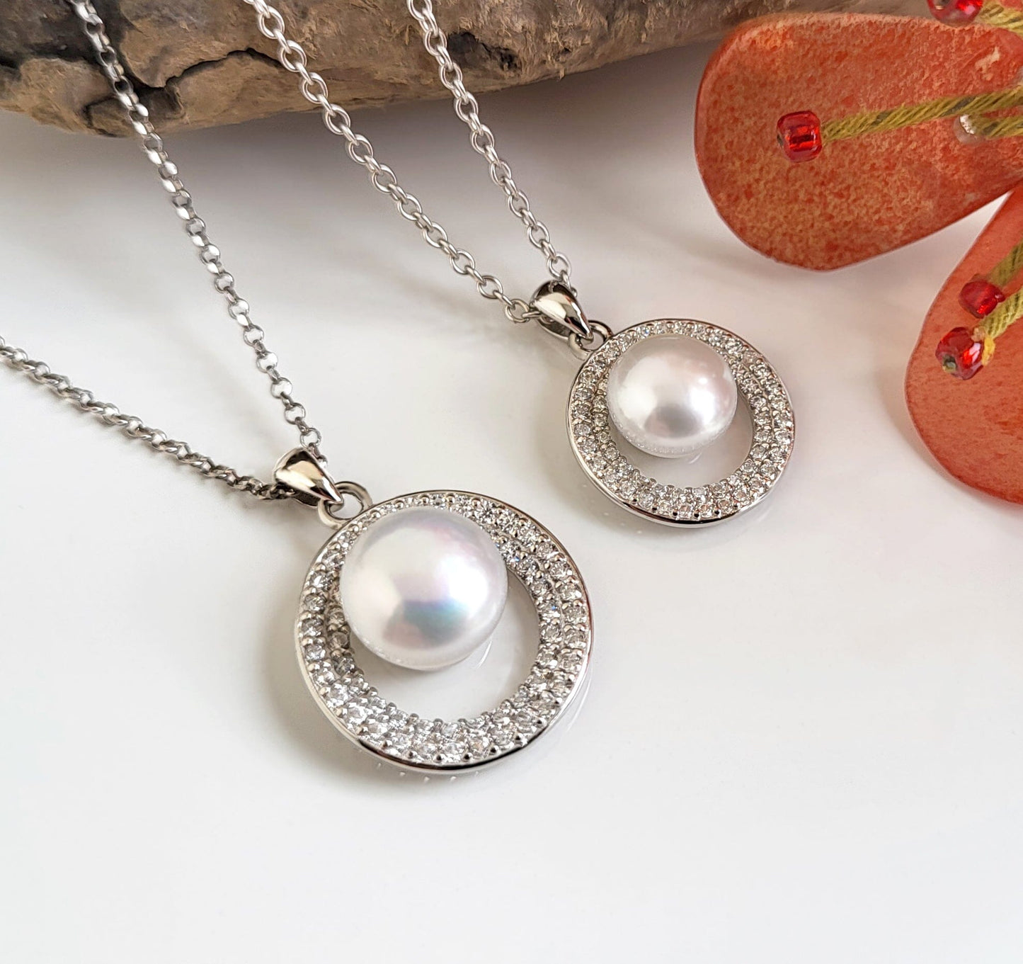 Kette mit Anhänger Damen Silberkette mit Zirkonia Perlenanhänger rund 2 Größen Schöner-SD 