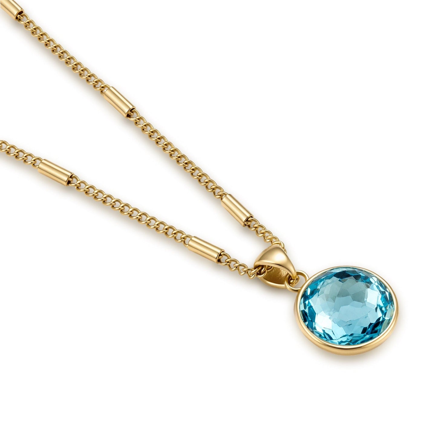 Kette mit Anhänger Aquamarin - blau Damenkette Edelstahl IP vergoldet mit Kristall-Anhänger rund Schöner-SD 
