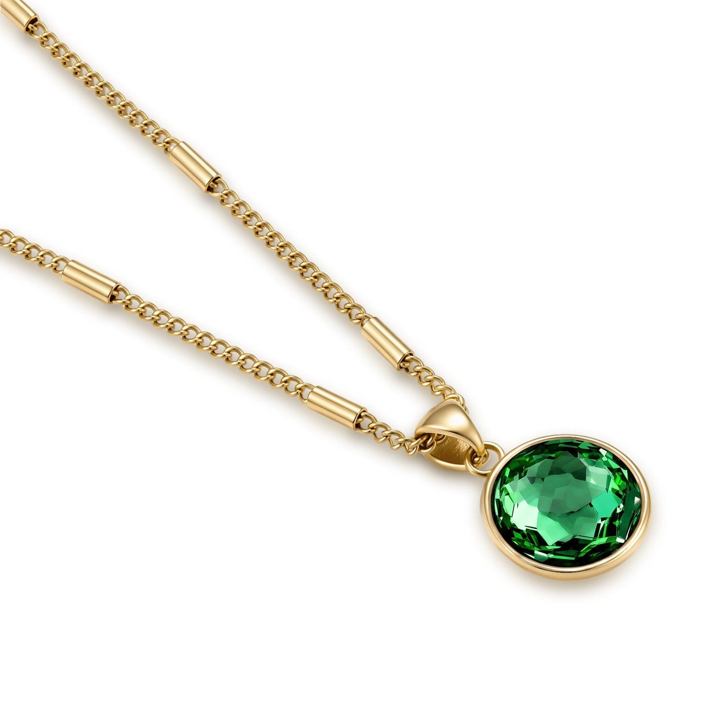 Kette mit Anhänger Majestic Green - grün Damenkette Edelstahl IP vergoldet mit Kristall-Anhänger rund Schöner-SD 