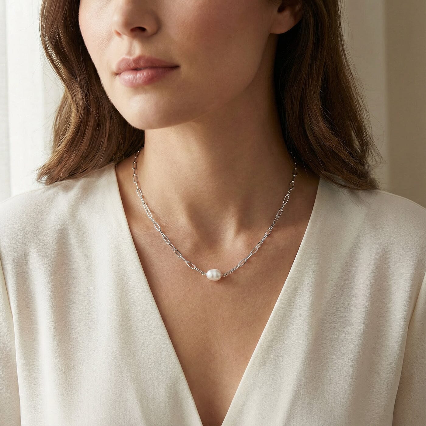 Halskette Paperclip Kette 925 Silber mit Süßwasserperle Länge verstellbar Collier Choker Schöner-SD 