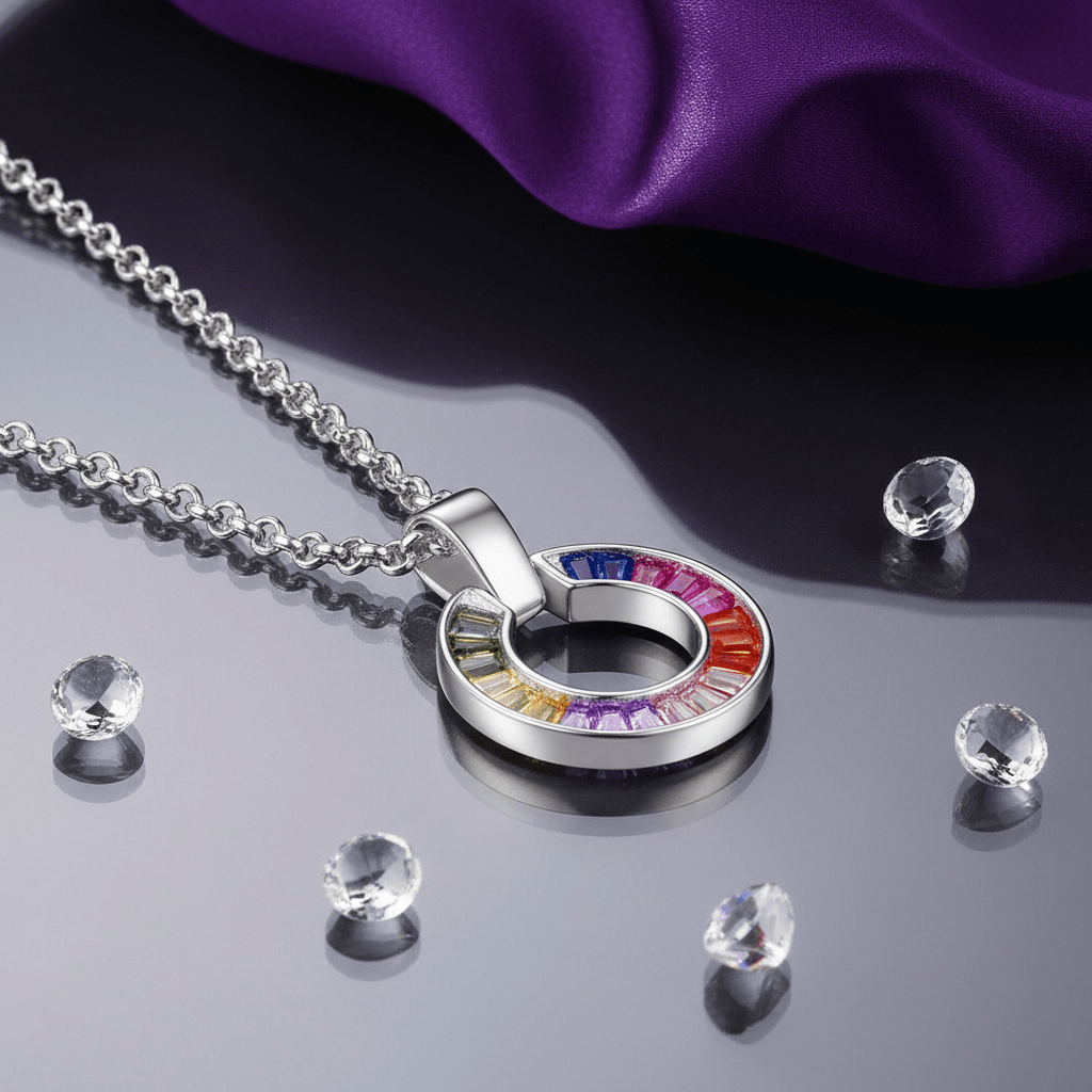 Kette mit Anhänger Regenbogen Kreis Anhänger Kette 925 Silber Zirkonia bunt Schöner-SD 