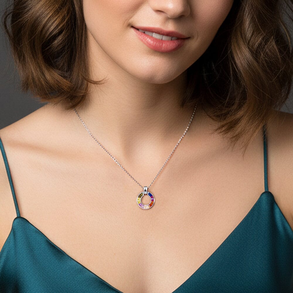 Kette mit Anhänger Regenbogen Kreis Anhänger Kette 925 Silber Zirkonia bunt Schöner-SD 