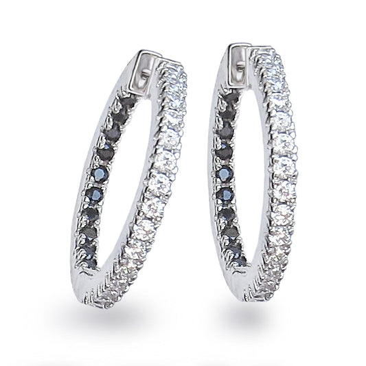 Ohrringe Schwarz-weiße Creolen Damen 925 Silber 24 mm mit Zirkonia Schöner-SD 