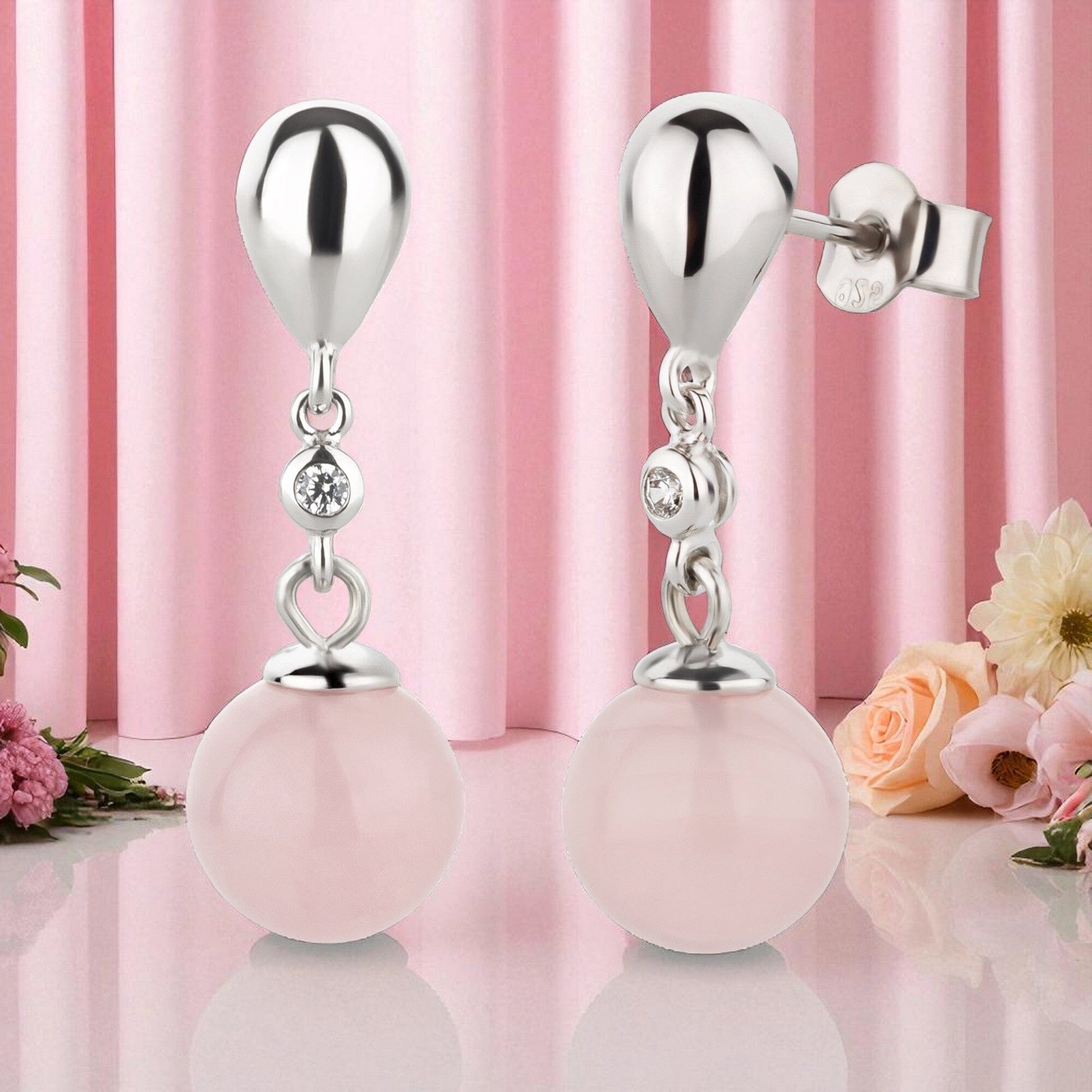 Ohrringe Rosenquarz Ohrringe Hänger 10 mm Kugel 925 Silber Schöner-SD 
