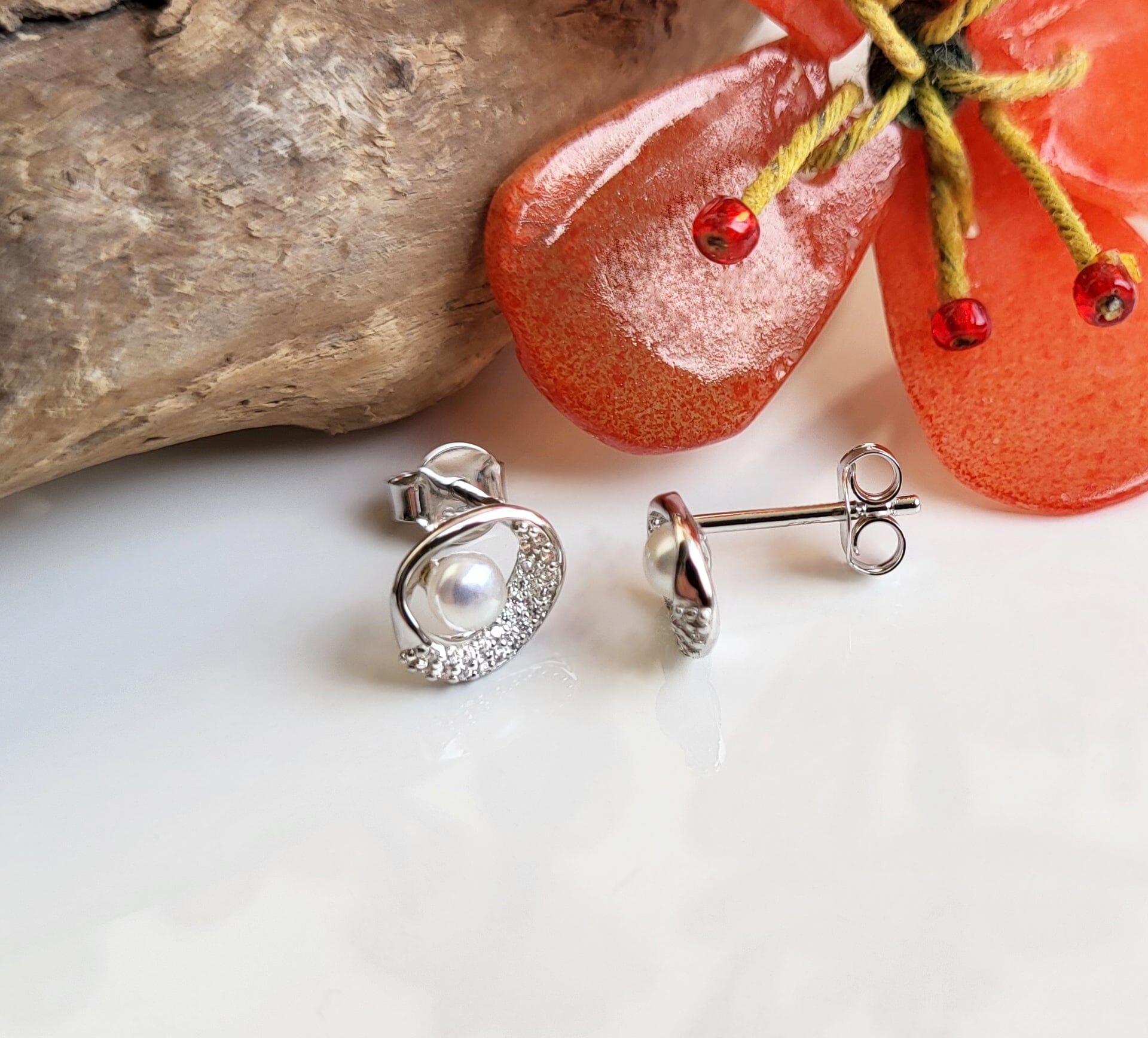 Ohrringe Kleine Perlenohrringe rund 925 Silber mit Zirkonia Schöner-SD 