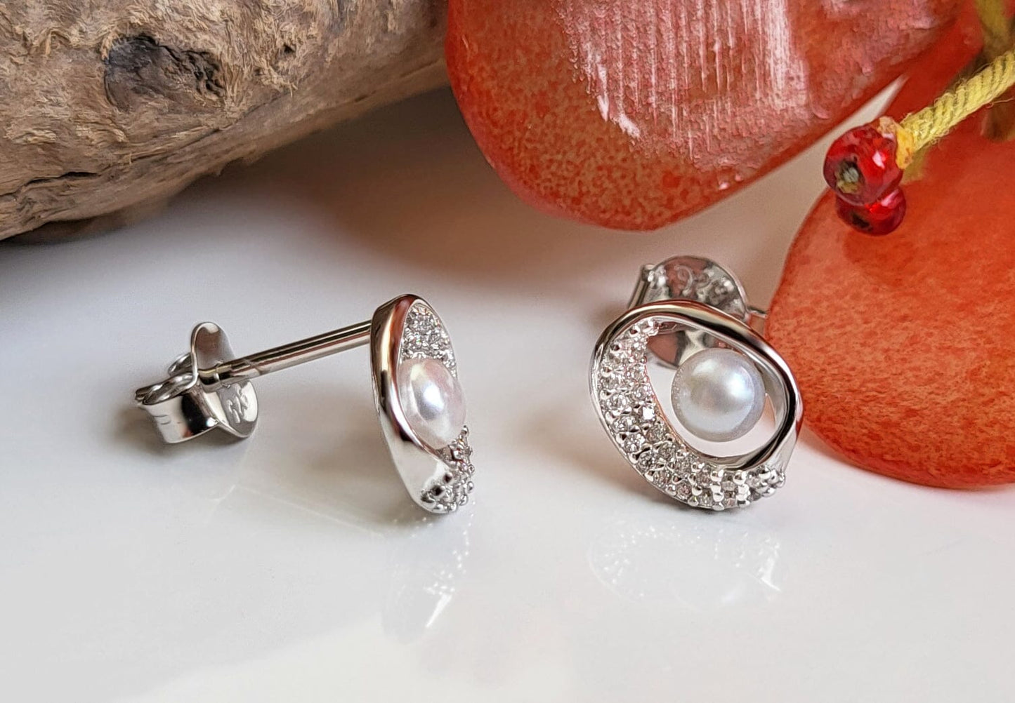 Ohrringe Kleine Perlenohrringe rund 925 Silber mit Zirkonia Schöner-SD 