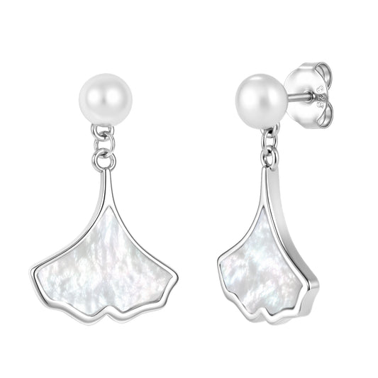 Ginkgo-Ohrhänger aus 925 Silber mit Perlmutt und Perle