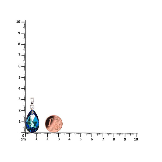 Schöner-SD pear-shaped Tropfen Anhänger 22mm Kristall 925 Silber Öse neben Lineal und Centstück zum Größenvergleich.