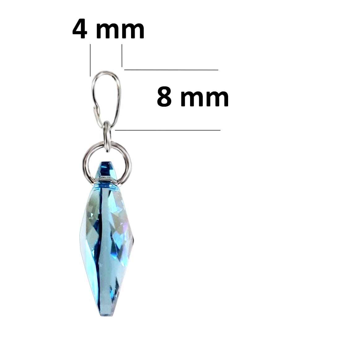 Hellblau funkelnder Pear-shaped Tropfen Kristall Seitenansicht mit Maßen.