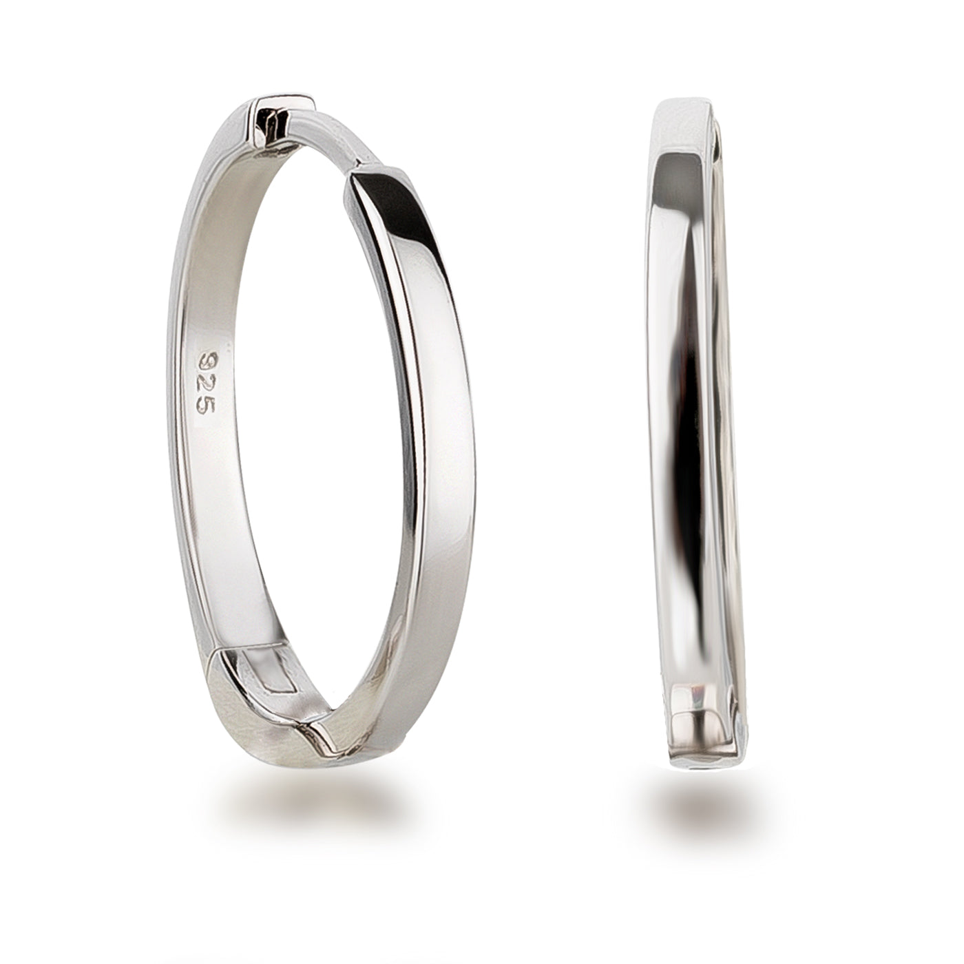 Creolen 20 mm aus 925 Silber hochglanzpoliert und rhodiniert von vorn und halbseitlich