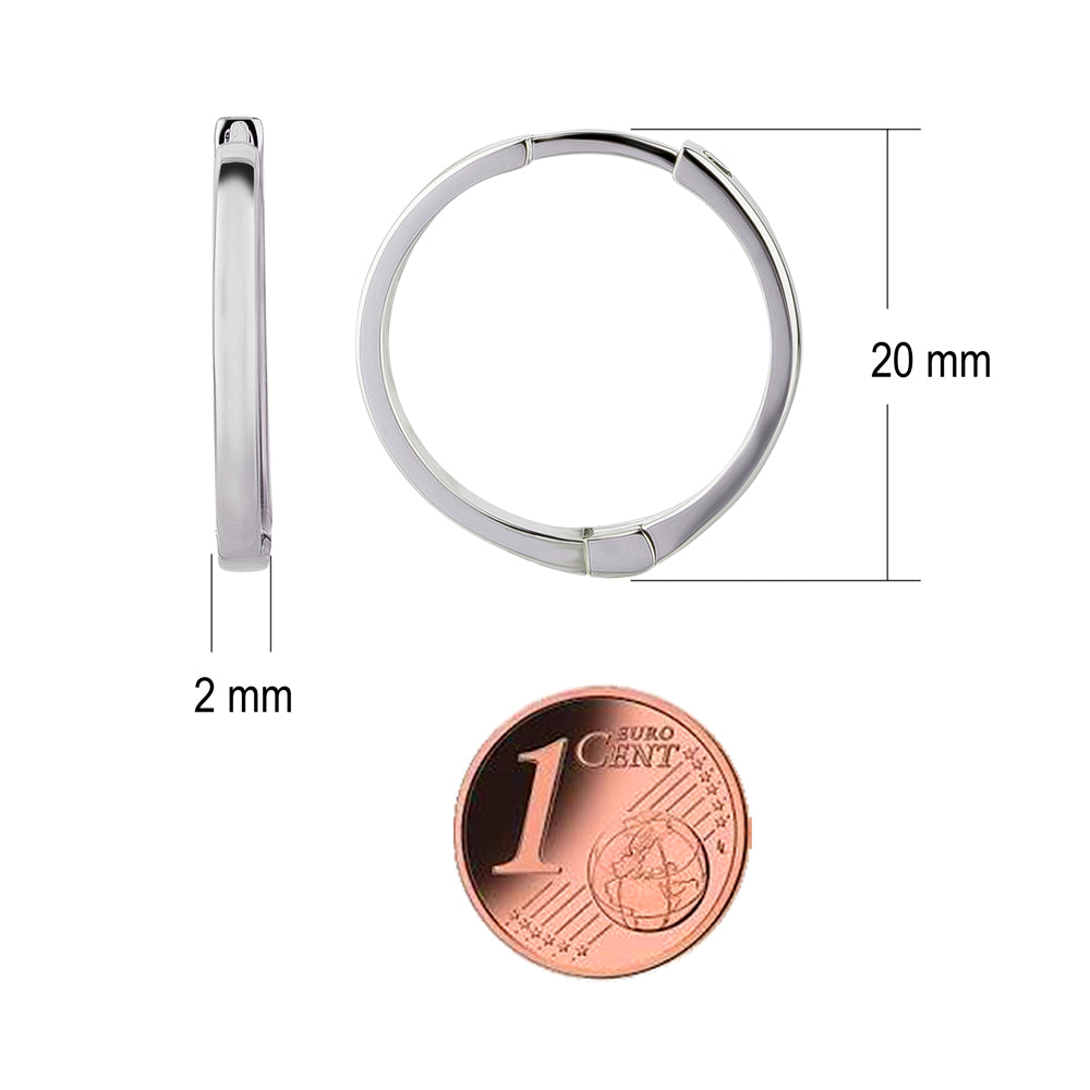 Creolen 20 mm aus 925 Silber hochglanzpoliert und rhodiniert mit Maßen und 1-Cent-Münze zum Größenvergleich