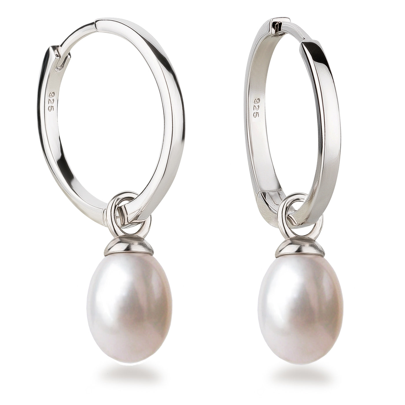 Creolen 20 mm aus 925 Silber hochglanzpoliert und rhodiniert mit Perlenanhänger