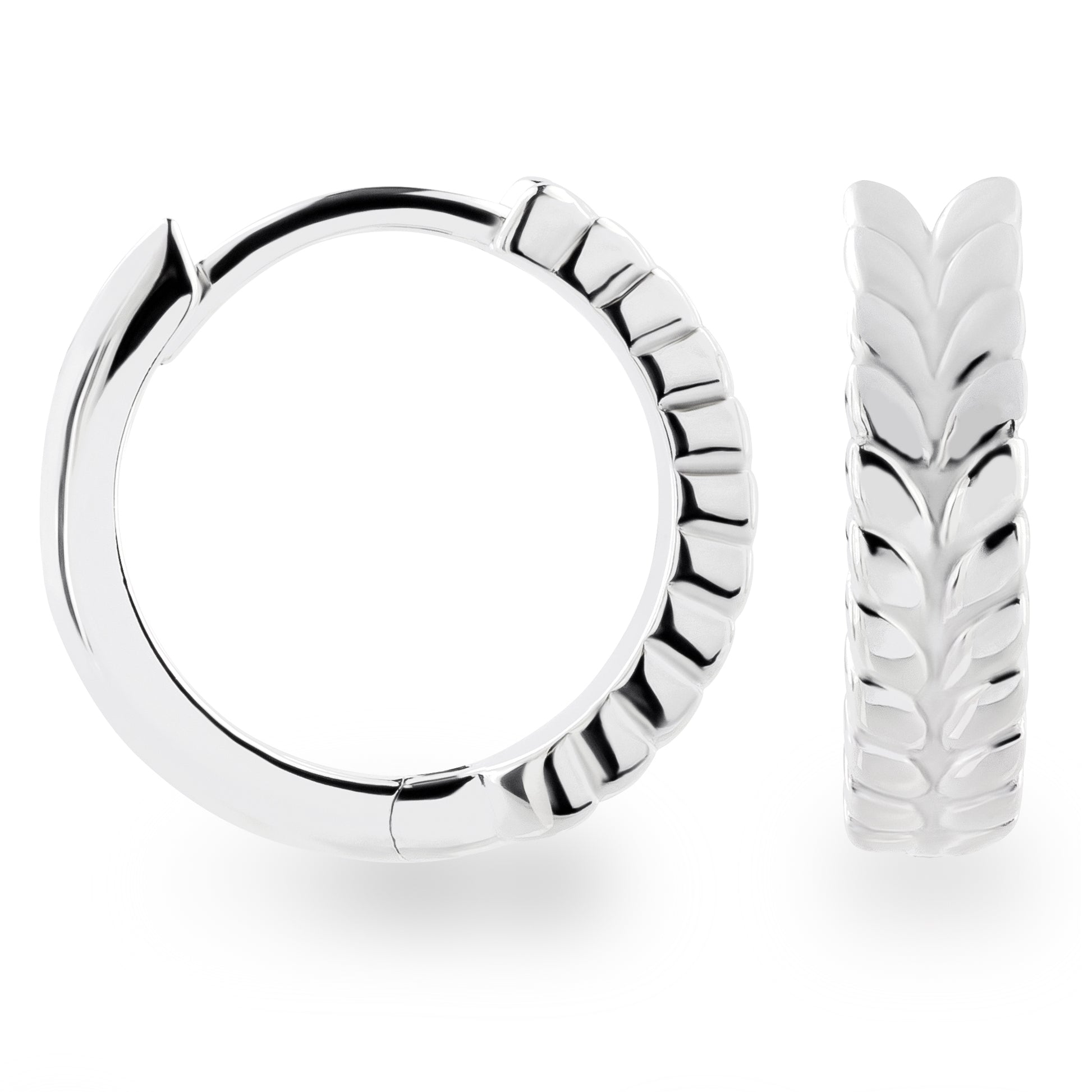 Klappcreolen 15 mm aus 925 Silber mit Ähren-Muster von vorn und der Seite