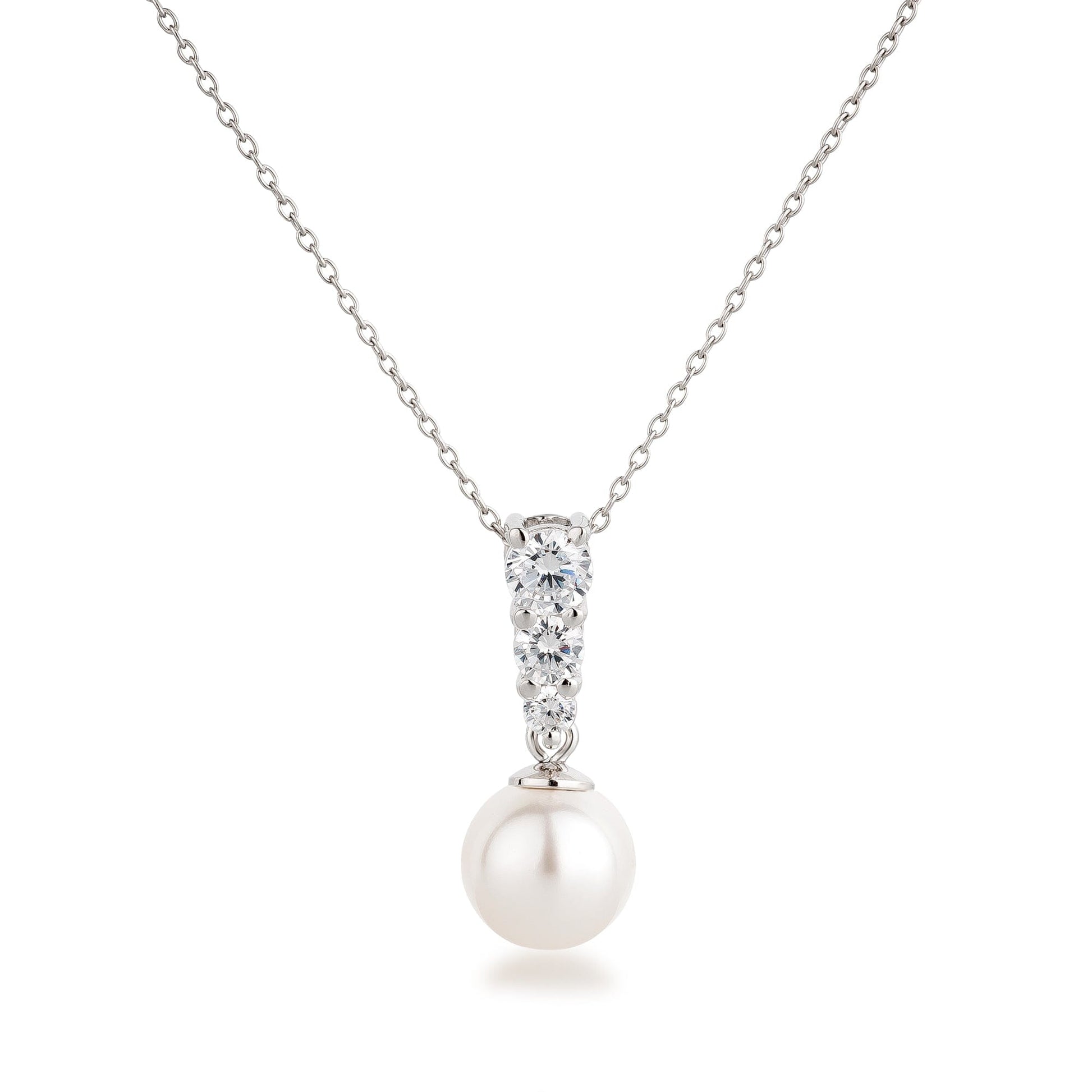 Kette mit Zirkonia Anhänger und weißer 10 mm Perle aus 925 Silber