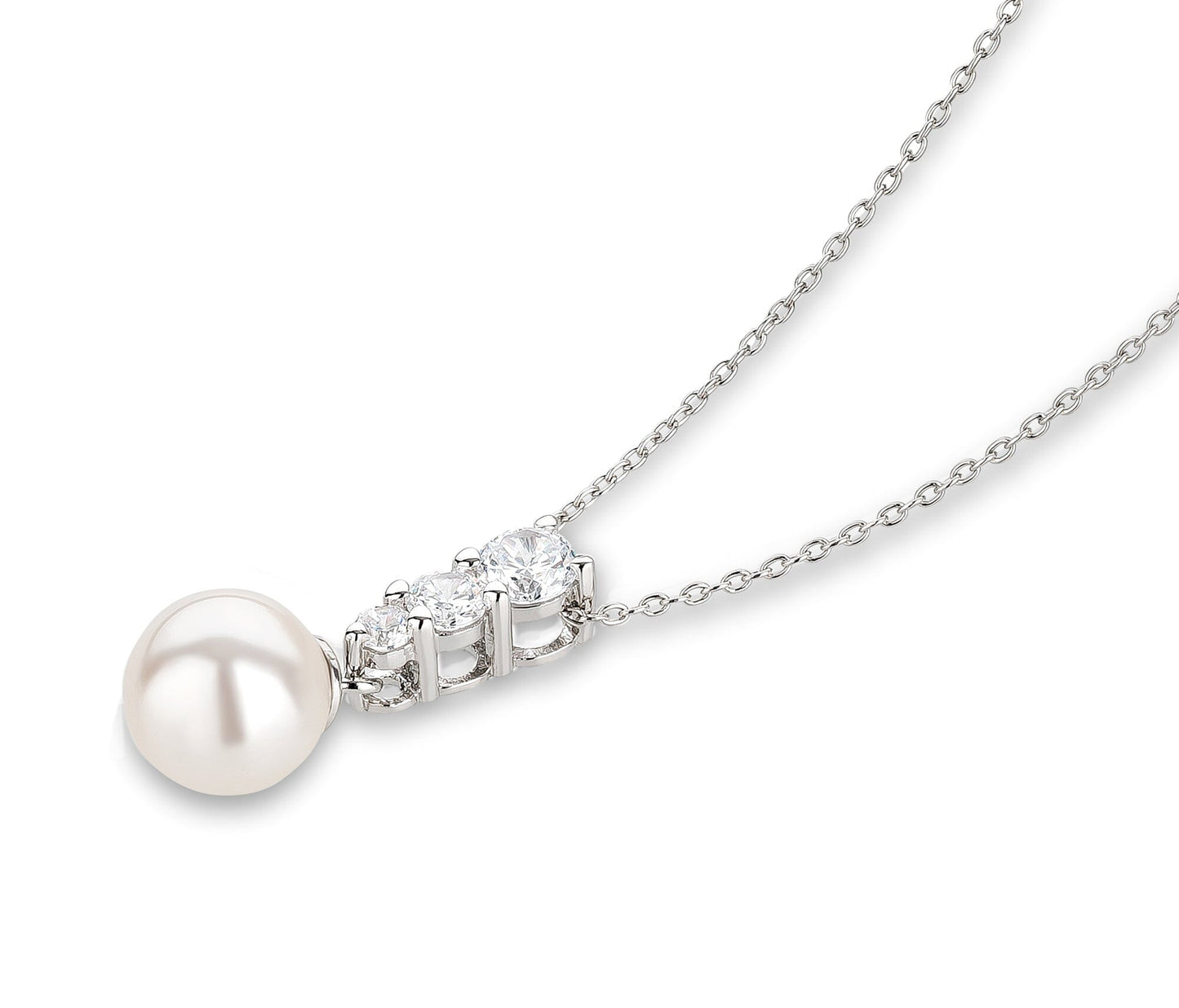 Kette mit Zirkonia Anhänger und weißer 10 mm Perle aus 925 Silber in liegender Seitenansicht