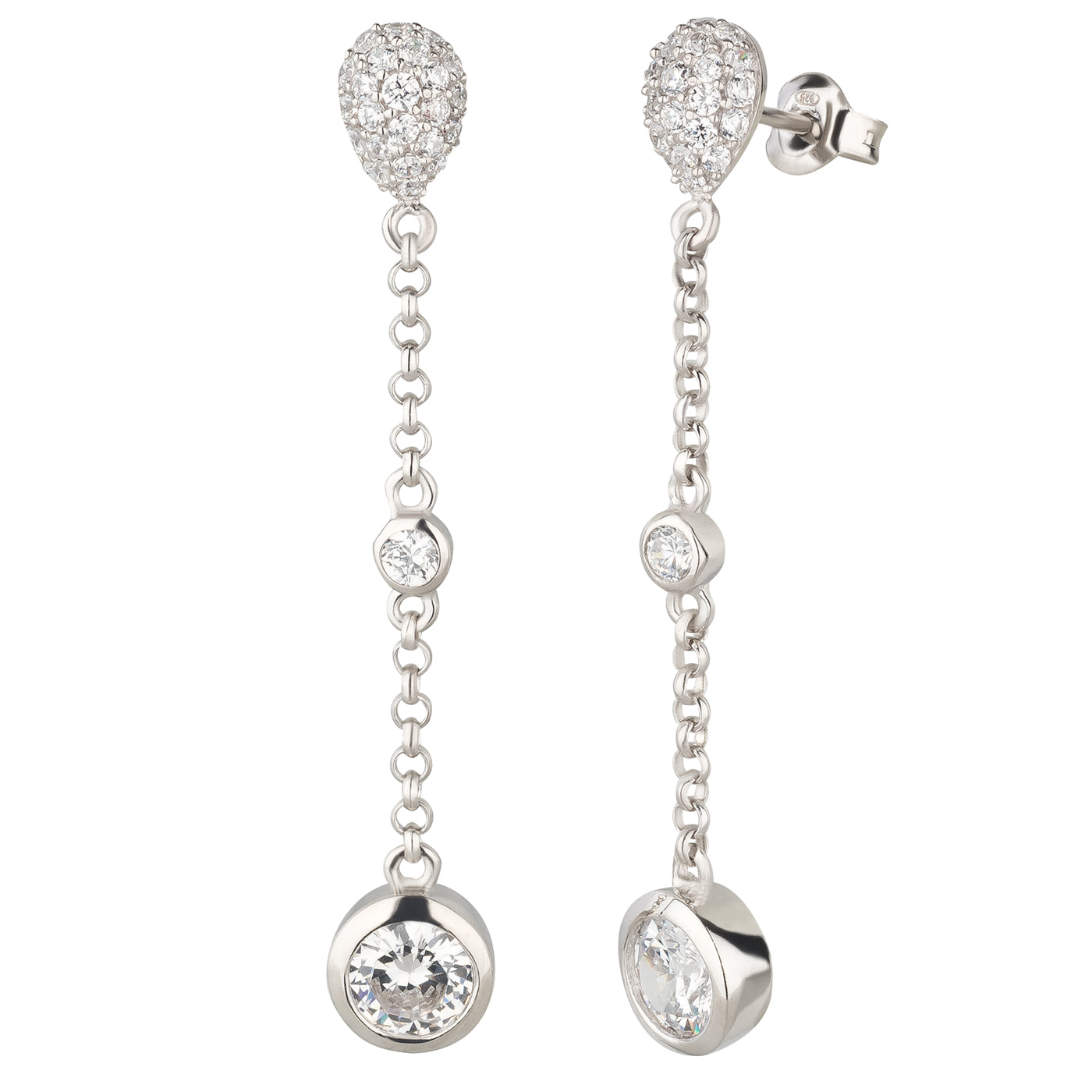 Lange Ohrhänger 5 cm mit Kette und Zirkonia aus 925 Silber rhodiniert