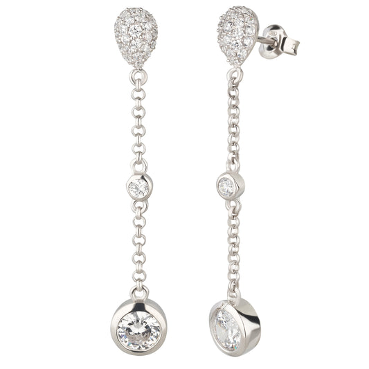 Lange Ohrhänger 5 cm mit Kette und Zirkonia aus 925 Silber rhodiniert