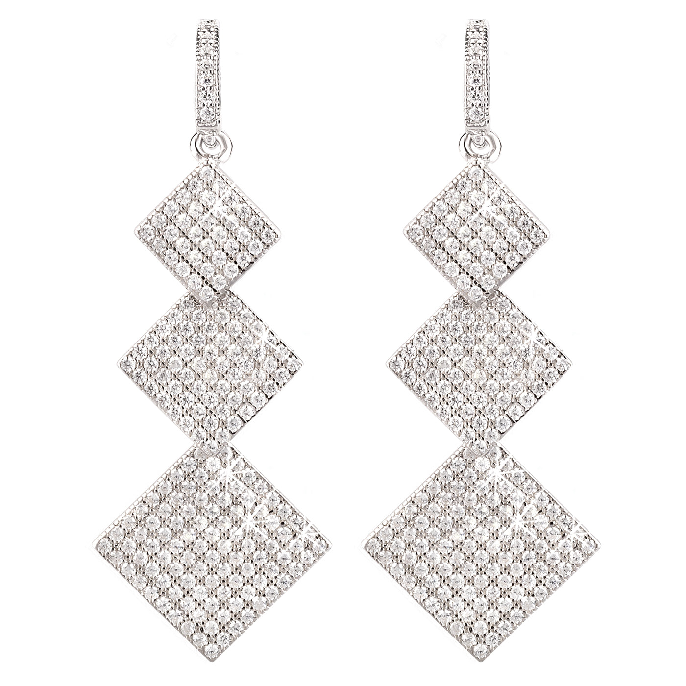 Lange Ohrringe aus 925 Silber mit 3 Pavé-Zirkonia-Quadraten Ansicht von vorn