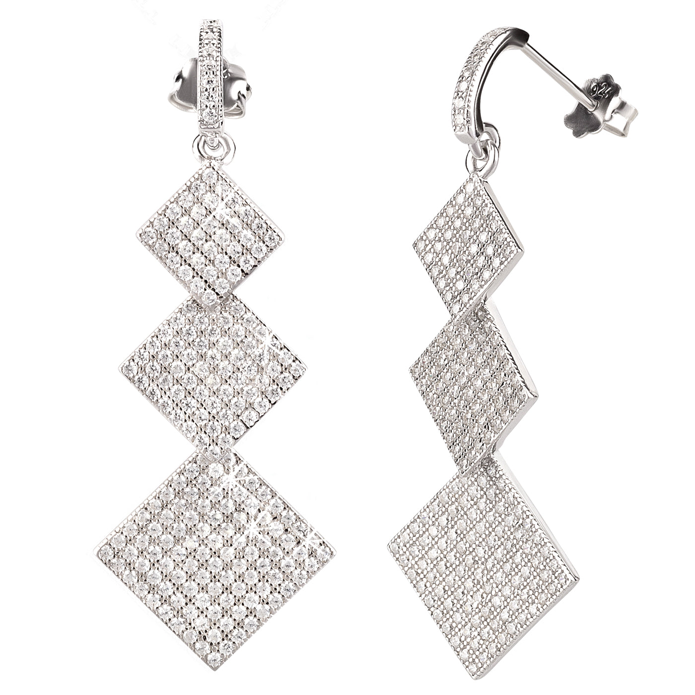 Lange Ohrringe aus 925 Silber mit 3 Pavé-Zirkonia-Quadraten Ansicht halbseitich