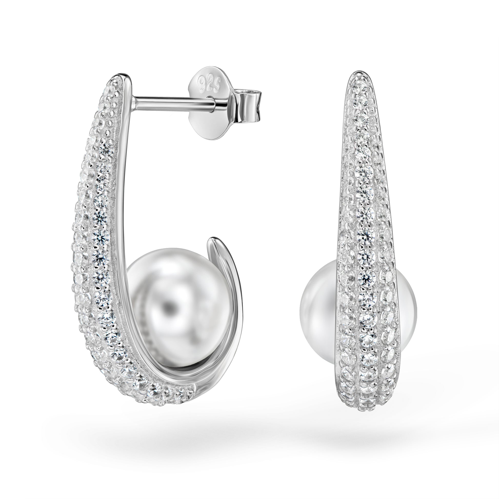 Geschwungene Silberohrringe mit Zirkonia und Perle