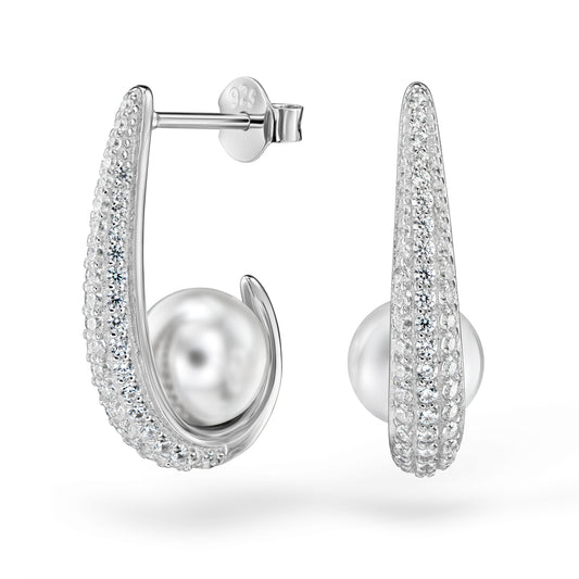 Geschwungene Silberohrringe mit Zirkonia und Perle
