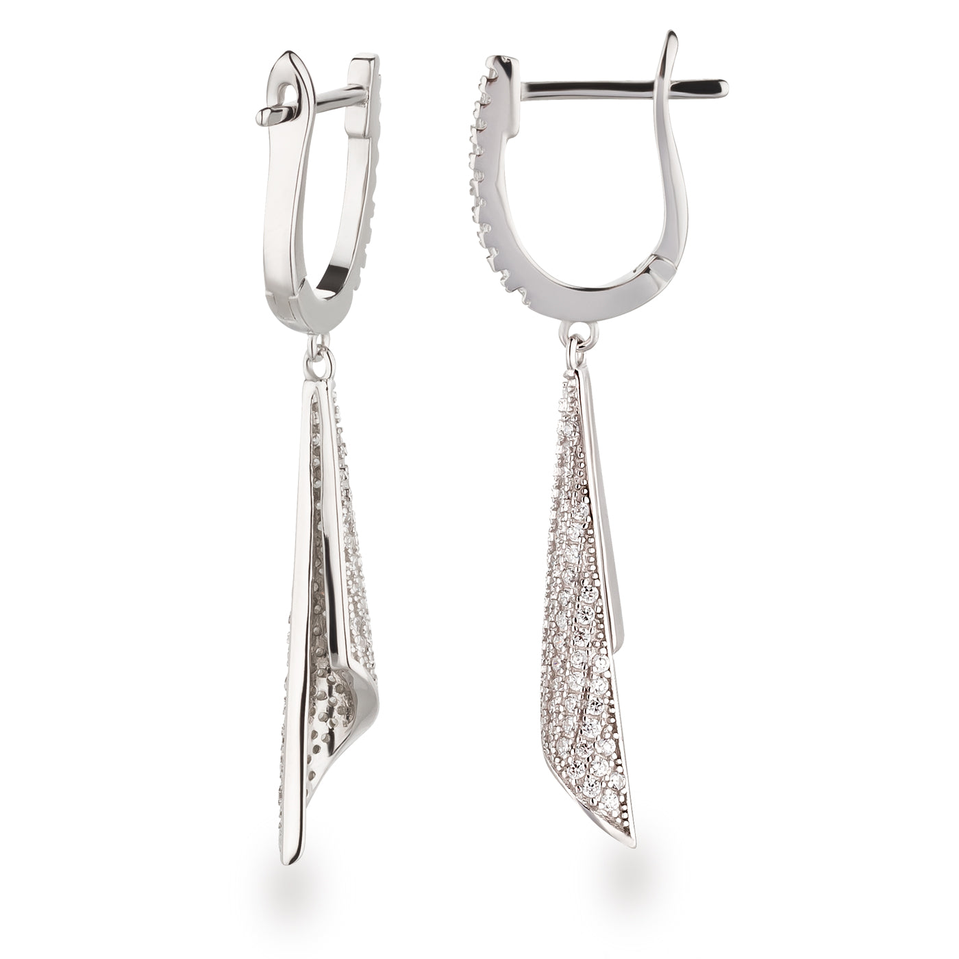 Elegante Twisted Ribbon Ohrringe aus Silber mit Zirkonia Pavé Ansicht Seite und  von hinten
