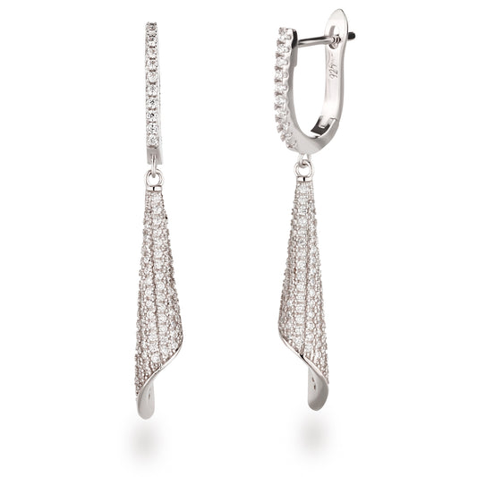 Elegante Twisted Ribbon Ohrringe aus Silber mit Zirkonia Pavé Ansicht von vorn