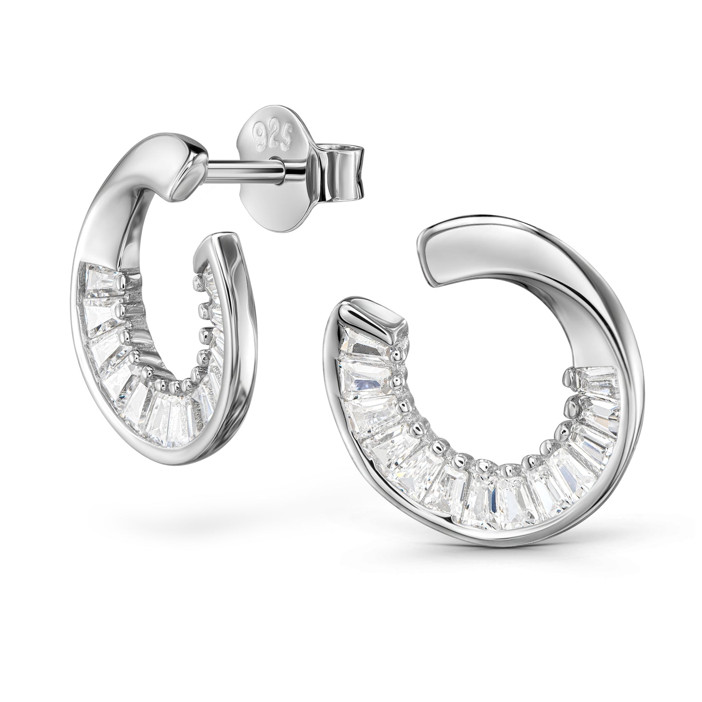 Runde offene Ohrstecker 12 mm aus 925 Silber im Kringel Design mit Zirkonia