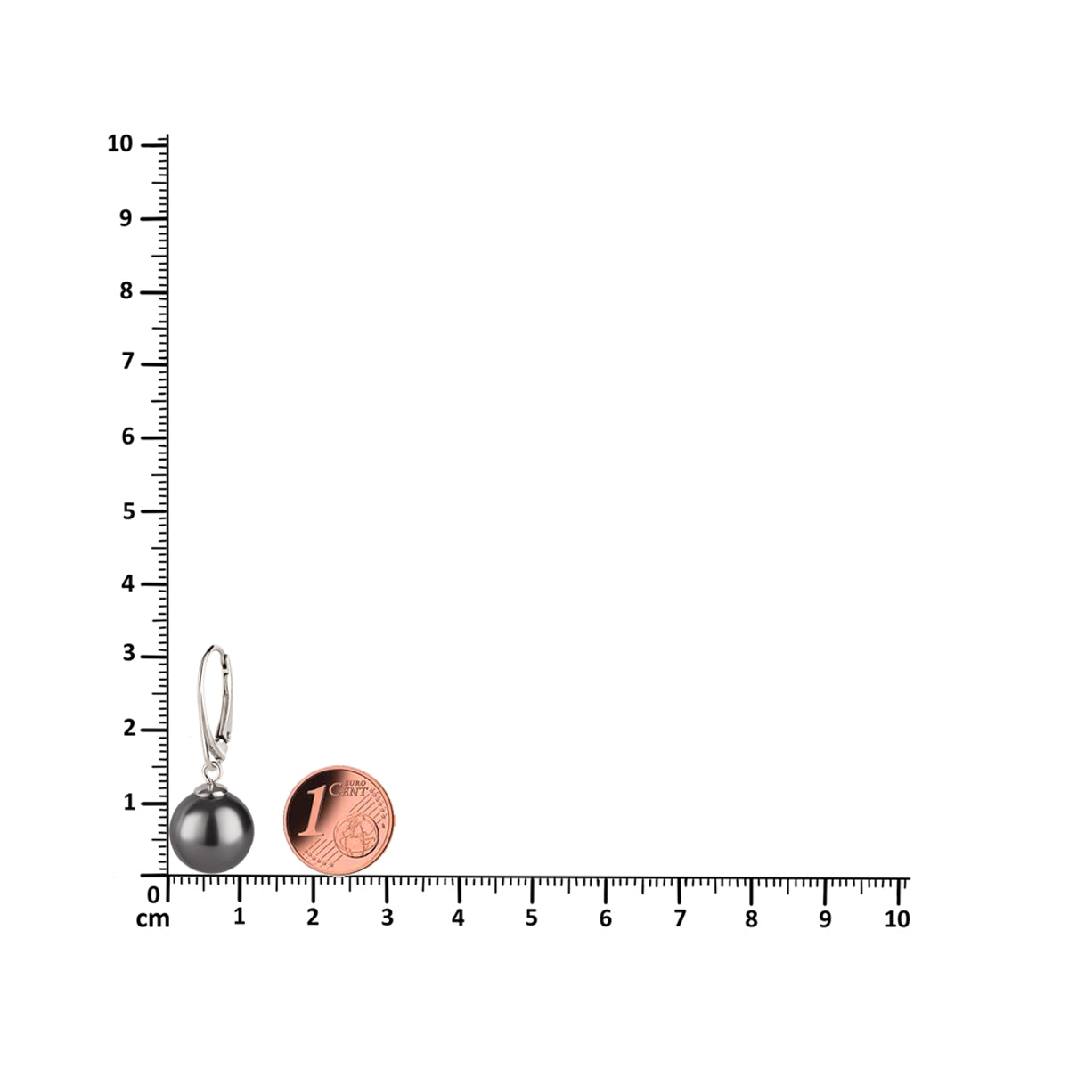 Hängende Perlenohrringe mit 12 mm Perlen aus 925 Silber rhodiniert mit Lineal und 1-Cent-Münze zum Größenvergleich