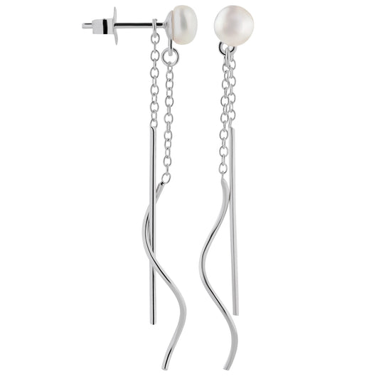 Perlenohrstecker mit langen hängenden Ketten und Stäben aus 925 Silber von Schöner-SD