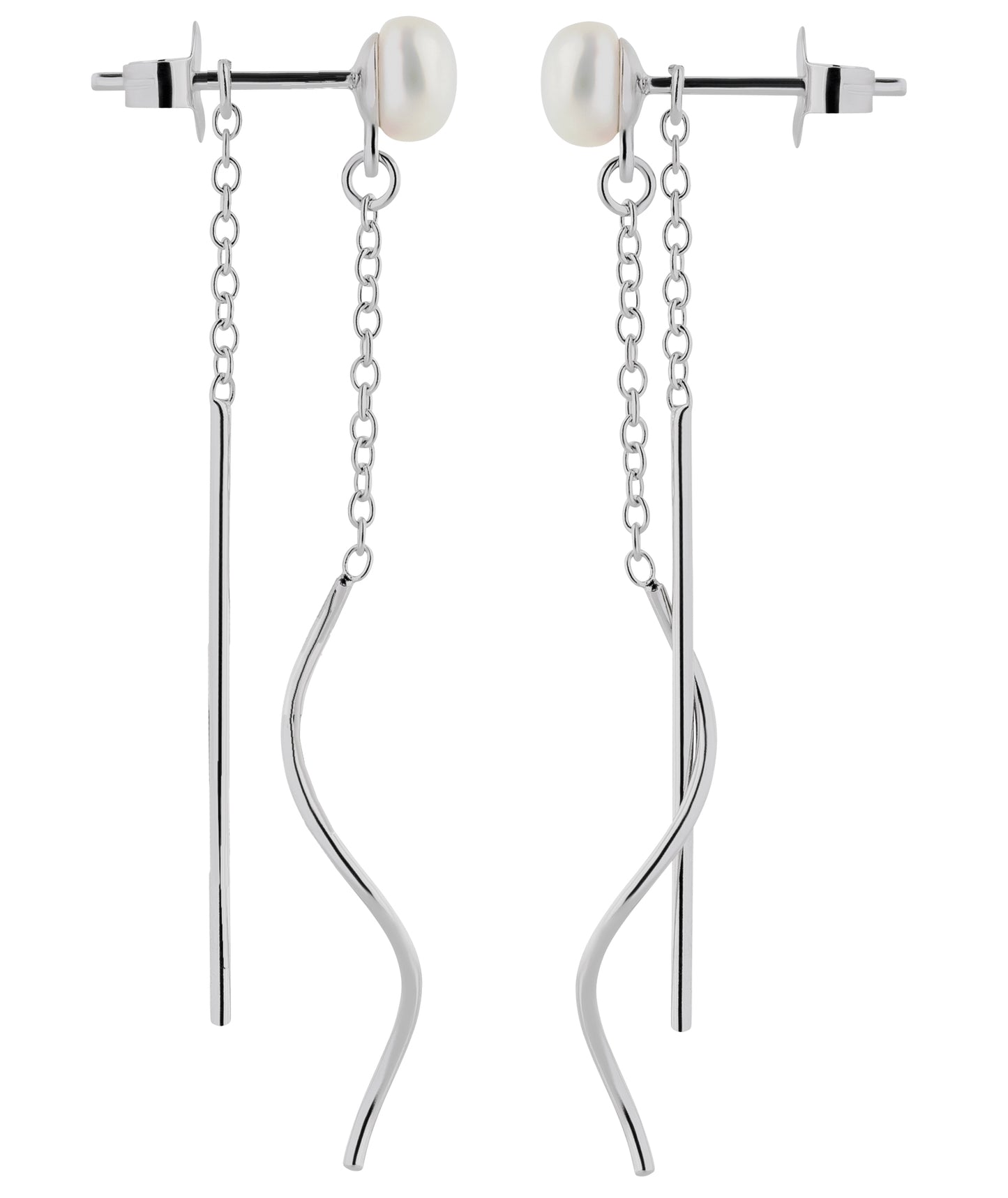 Perlenohrstecker mit langen hängenden Ketten und Stäben aus 925 Silber Seitenansicht