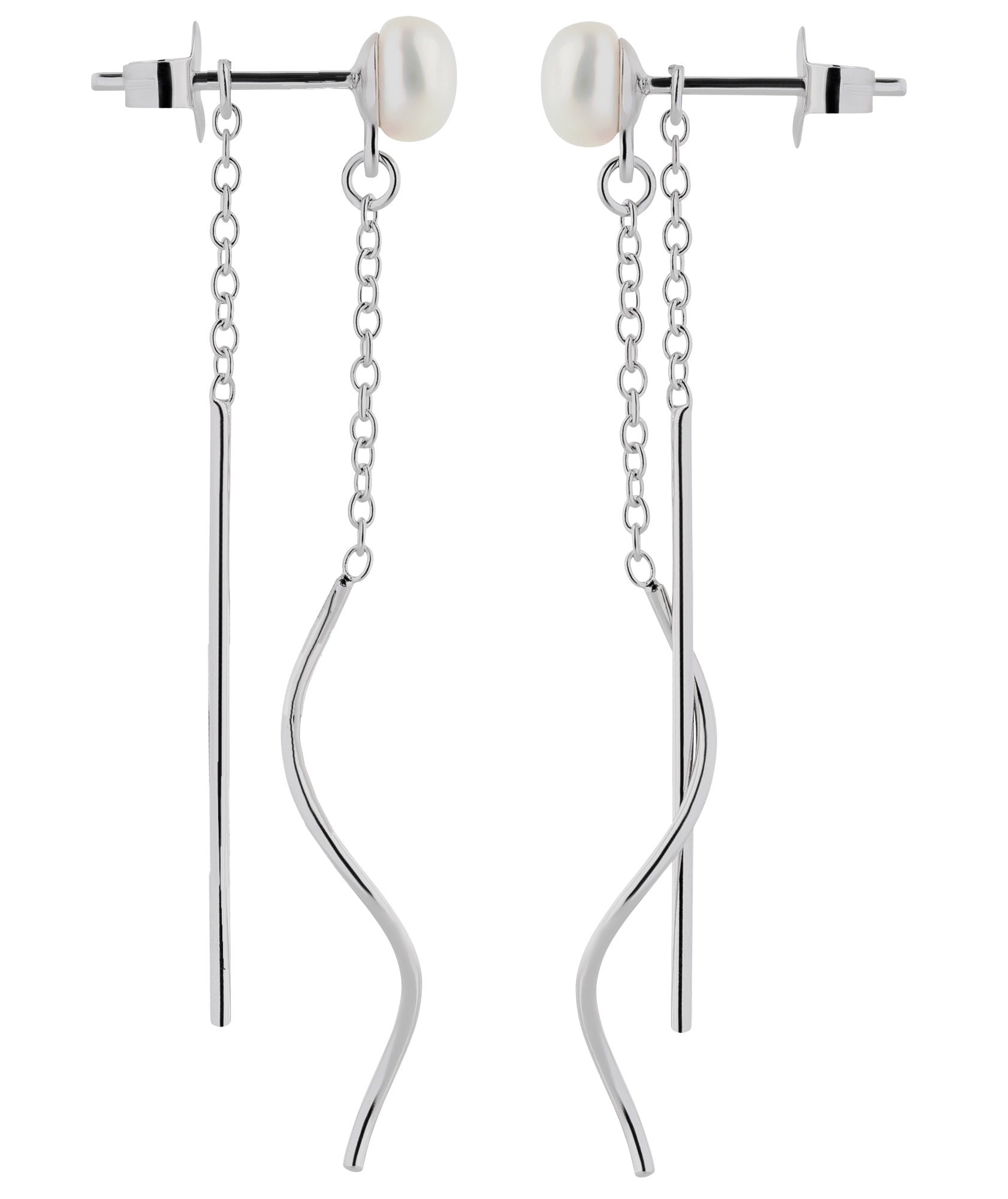 Perlenohrstecker mit langen hängenden Ketten und Stäben aus 925 Silber Seitenansicht